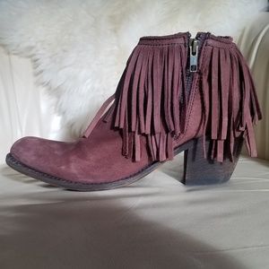 Burgundy wine real leather fringe booties